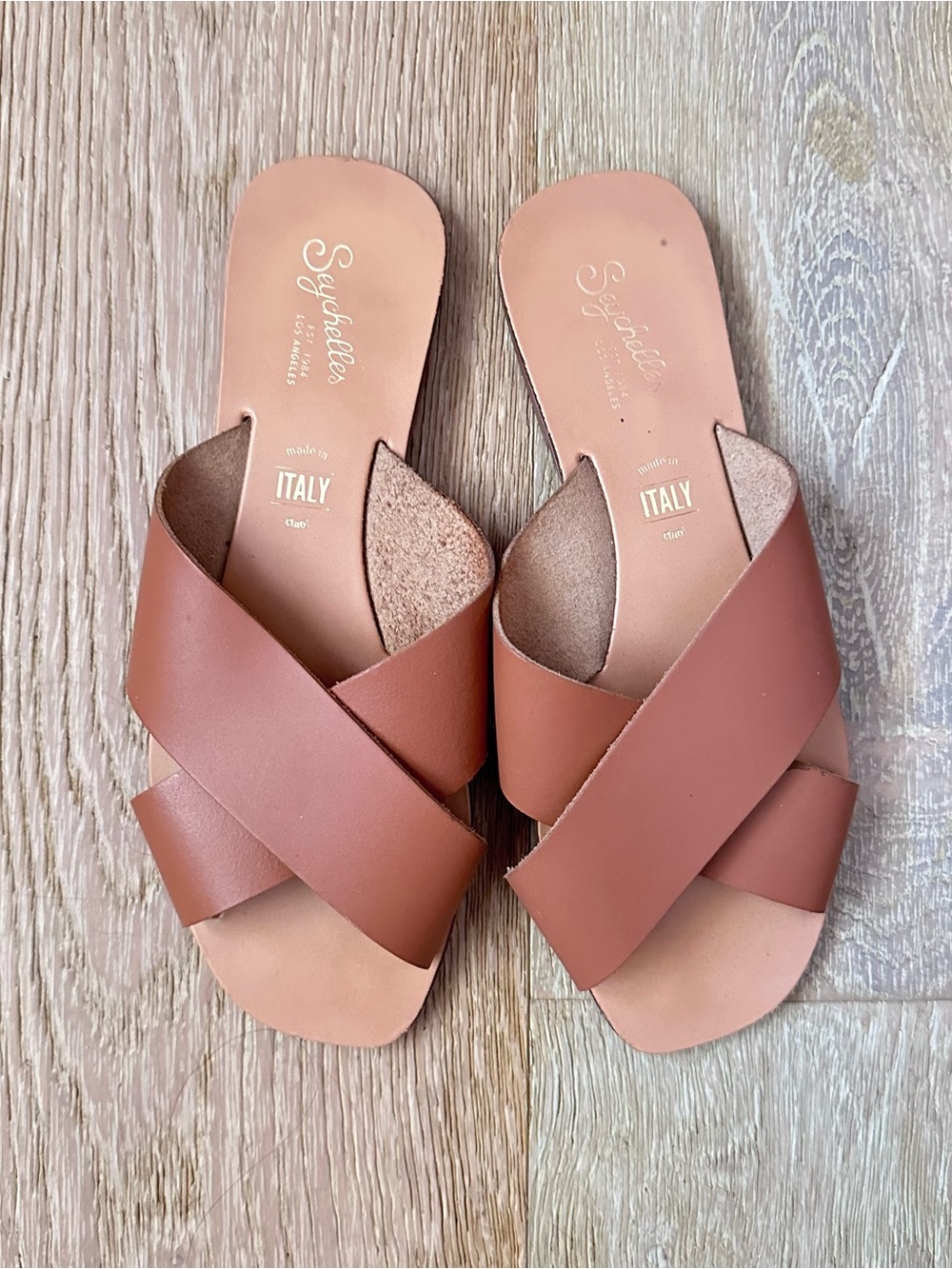Seychelles Brown Tan Leather Crossband Slide Sandals